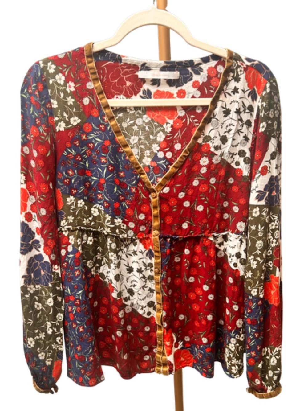 Zara Patchwork Floral Blouse Velvet Trim Cottagecore Boho Peasant Top Size L EUC